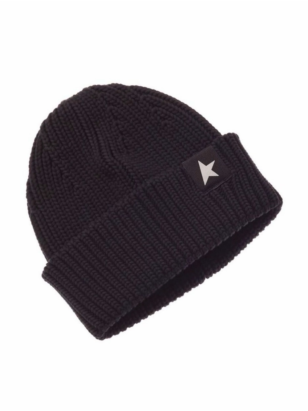 Golden Goose Damian Star Logo Black Ribbed Cuff Pull On Beanie Hat